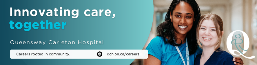 Banner with two women hugging anf smiling. The banner says "Innovating Care, together"